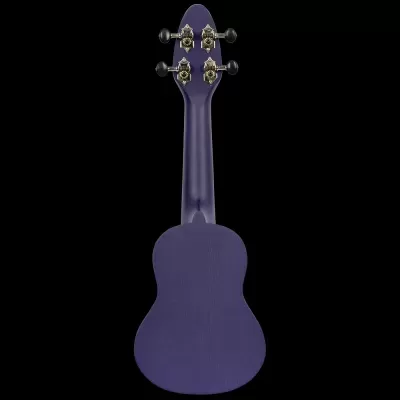 Ukulele azul escuro visto de trás com cravelhas metálicas