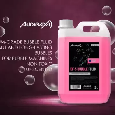 Frasco de fluido para bolhas cor-de-rosa AUDIBAX com etiquetas e bolhas no fundo