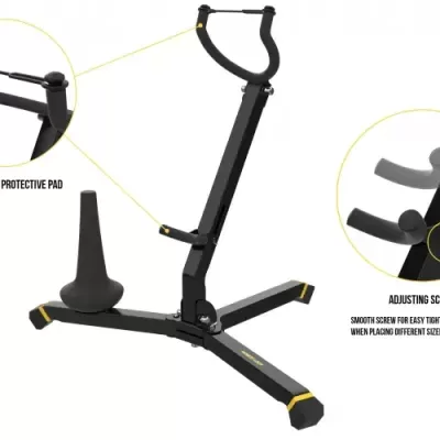 Suporte para instrumento musical preto com detalhes amarelos e pés almofadados