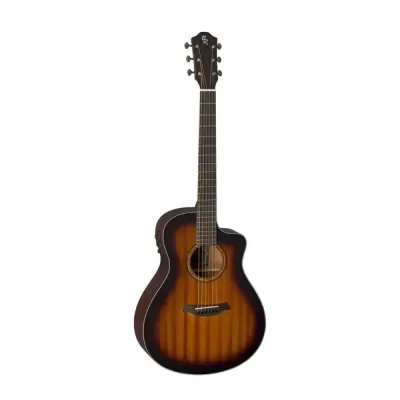Guitarra acústica castanha com acabamentos pretos e corte no corpo, 6 cordas e tarraxas prateadas.