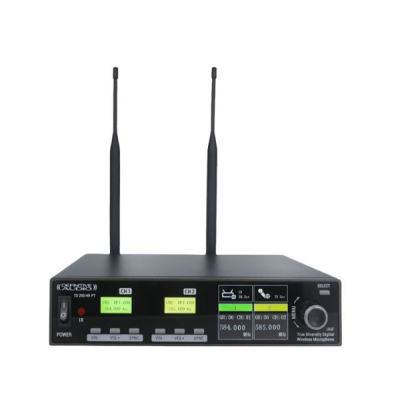 Receptor de microfone sem fios Definitive Audio UHF preto com antenas e ecrãs LCD