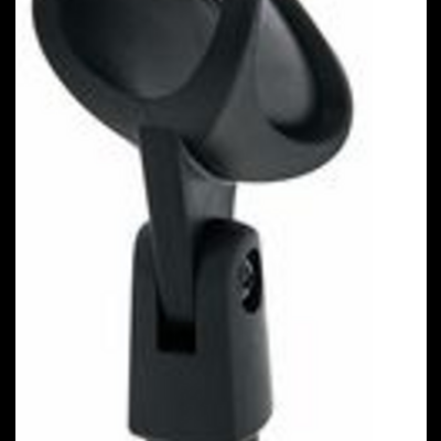 Suporte de microfone preto com design ergonómico em fundo branco