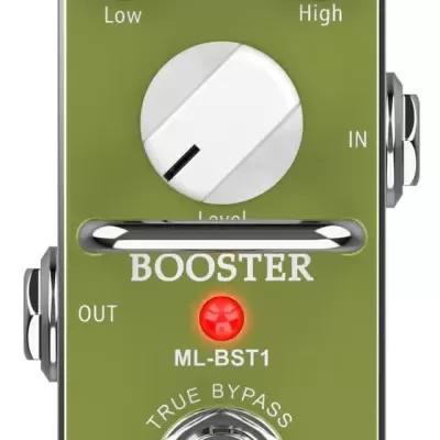 Pedal de efeito de guitarra verde com botões Low, High, Level, LED vermelho e escritos BOOSTER ML-BST1 TRUE BYPASS MONKEY LOOP