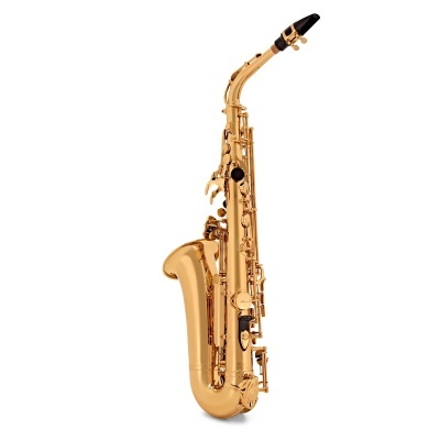 Saxofone tenor dourado com bocal preto em fundo branco