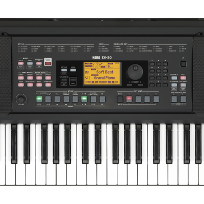 Teclado eletrônico preto com 61 teclas e painel de controlo com ecrã amarelo