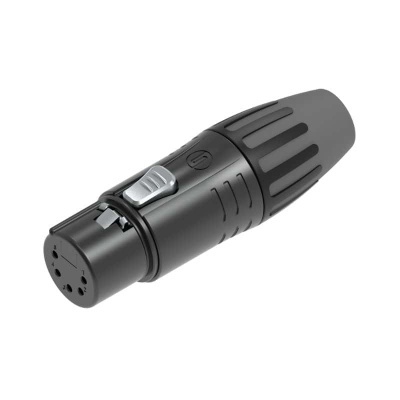 Conector XLR preto com corpo metálico e trava prateada