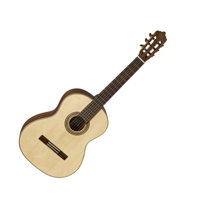 Guitarra clássica em madeira clara e escura com 6 cordas