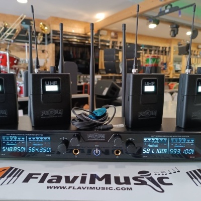 Sistema de monitorização UHF com transmissores e receptor em loja de música