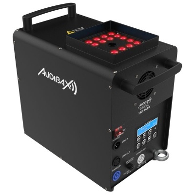 Equipamento eletrónico preto com botões, conectores e luzes LED vermelhas no topo