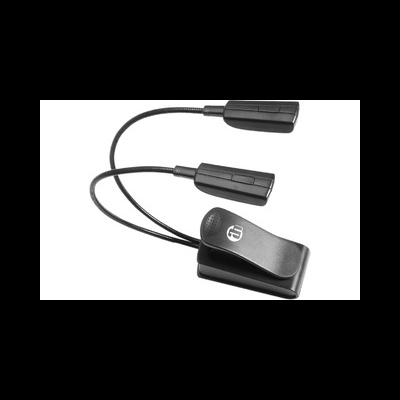 Clipe de suporte de microfone preto com pernas flexíveis e base com logótipo branco.