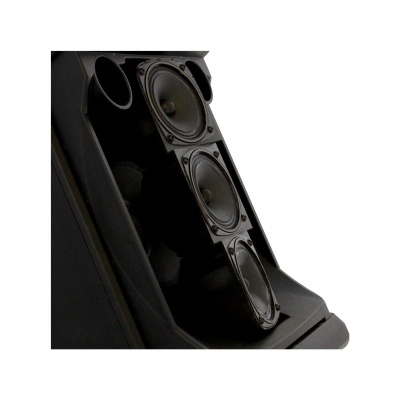Coluna de som preto com três altifalantes visíveis e dois tubos circulares laterais