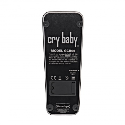 Pedal para guitarra elétrica Dunlop Cry Baby GCB95 preto com texto branco e adaptador