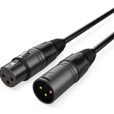 Cabo de áudio XLR preto com conetores macho e fêmea