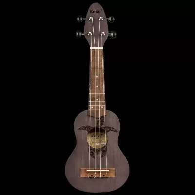 Ukulele de madeira castanha escura com padrão de tartaruga e cordas brancas