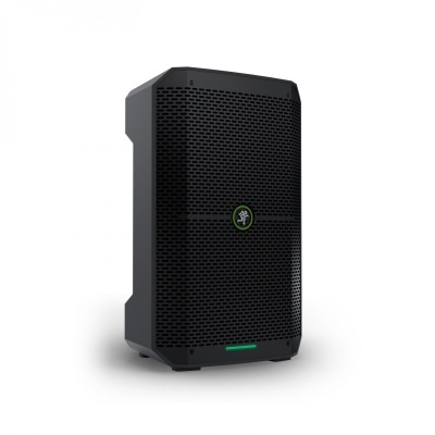 Coluna de som portátil preta com detalhes verdes