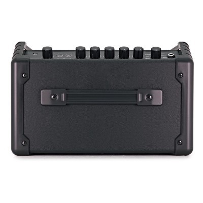 Amplificador portátil preto com botões no topo e pega para transporte