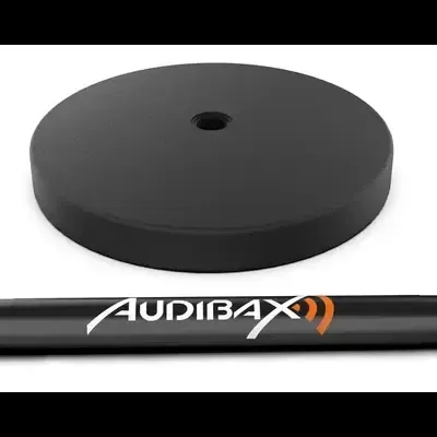 Base redonda preta e suporte tubular preto com texto AUDIBAX
