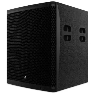 Coluna ou caixa de som preta com grelha e pegadores laterais