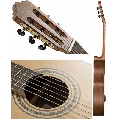 Violão acústico em madeira clara com tarraxas douradas pretas e padrão decorativo circular na boca