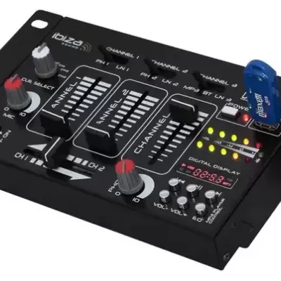 Mesa de mistura de áudio preta com botões coloridos e indicador digital