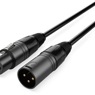 Cabo de áudio preto com conectores XLR macho e fêmea