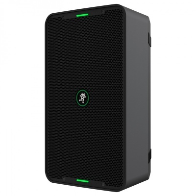 Coluna de som preta com grelha frontal e indicadores luminosos verdes