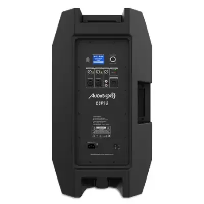 Coluna de som ativa preta Audibax DSP15 com painel traseiro e conectores