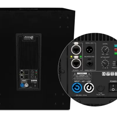 Subwoofer preto com painel traseiro e conexões detalhadas
