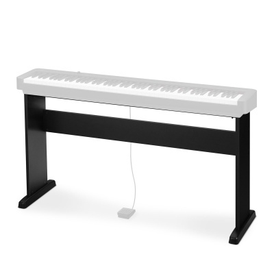 Teclado digital branco com suporte preto e pedal de sustain