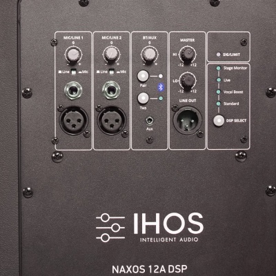 Painel traseiro de equipamento de áudio IHOS NAXOS 12A DSP com conectores e controlos variados