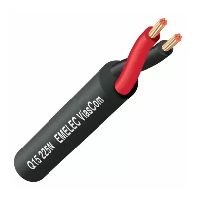 Cabo elétrico preto com dois condutores vermelhos e pretos expostos com cobre, texto Q15 225N EMELEC VíasCom