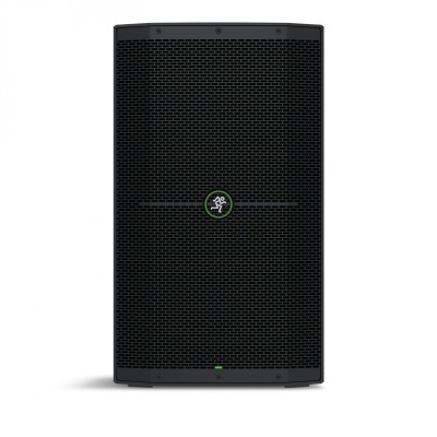 Caixa de som profissional preta com grelha metálica frontal e logótipo verde ao centro