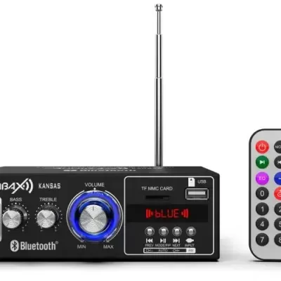 Rádio portátil preto Audio3X KARAOKE com controlo remoto cinzento e antena telescópica