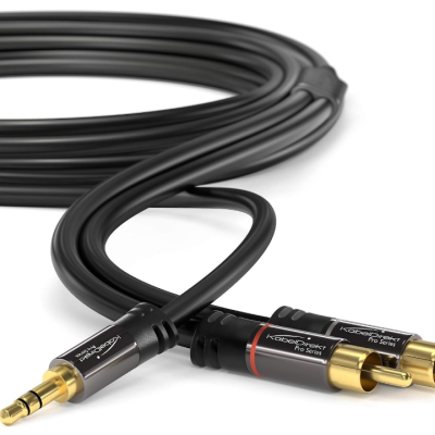 Cabo de áudio com ficha jack 3,5 mm e fichas RCA