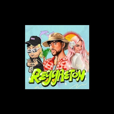 Ilustração colorida de três personagens animados e palavra Reggaeton em verde brilhante