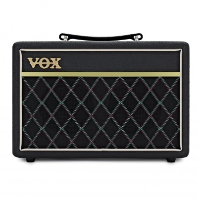 Amplificador de guitarra Vox preto com padrão em losangos multicoloridos e logotipo dourado