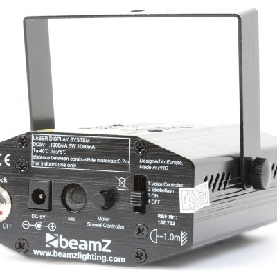 Equipamento eletrónico BeamZ preto com botões, alça e etiquetas de aviso