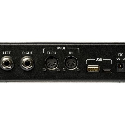 Painel traseiro de dispositivo de áudio com várias conexões rotuladas.