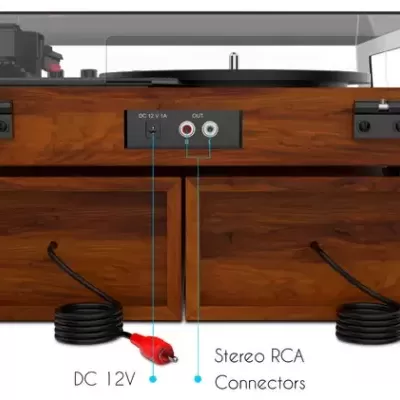 Toca-discos vintage em madeira com cabos DC 12V e Stereo RCA