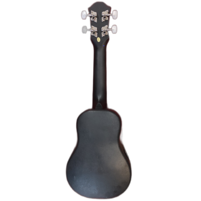 Parte traseira de ukulele preto com seis cordas e tarraxas prateadas