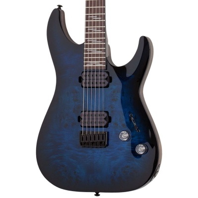 Guitarra elétrica azul escuro com textura marmoreada e captadores pretos.