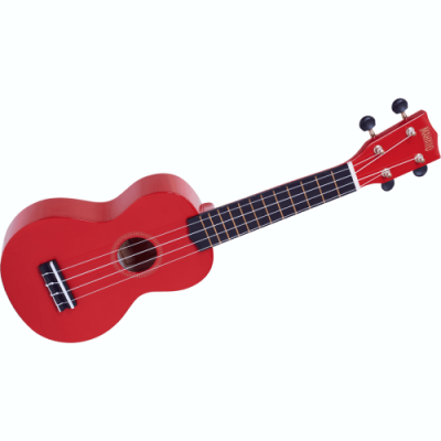 Ukulele vermelho com braço e trastes pretos, quatro cordas