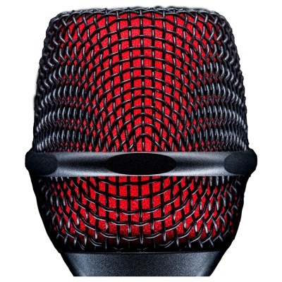 Cabeça de microfone com grelha preta e interior vermelho