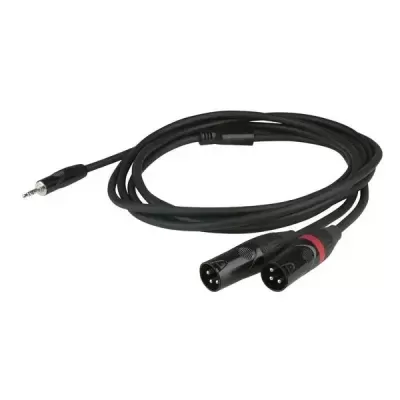Cabo áudio preto com jack 3,5 mm e dois conectores XLR, fundo branco