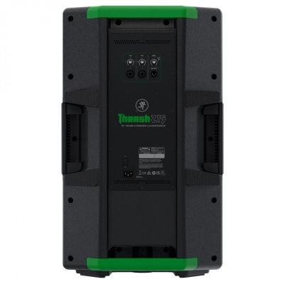Coluna de som preta Mackie Thrasher 215 com detalhes em verde e painel traseiro com conectores