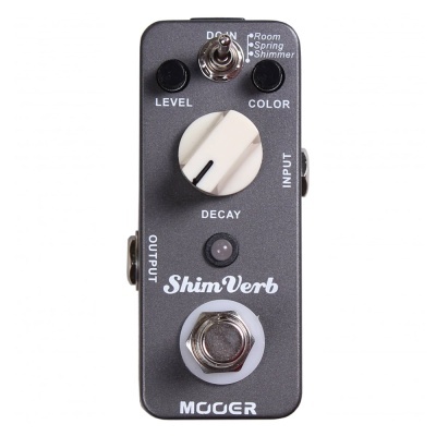 Pedal de efeitos guitarra Mooer ShimVerb cinza escuro com botões e interruptor