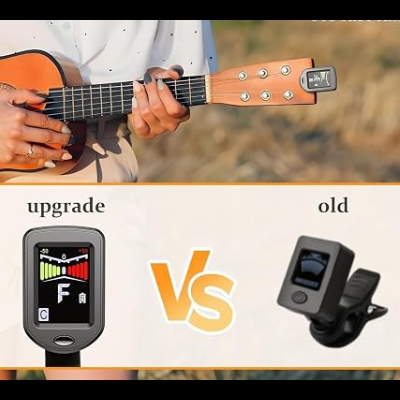 Dois afinadores de guitarra lado a lado, um moderno colorido e outro antigo preto.
