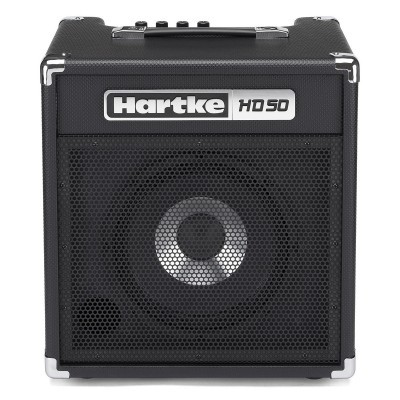 Amplificador preto Hartke HD 50 com grelha metálica hexagonal fronta e botões no topo