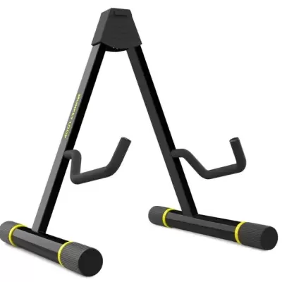 Suporte para guitarra preto com detalhes amarelos em fundo branco