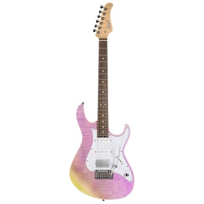 Guitarra elétrica com corpo em degrade rosa, amarelo e lilás e braço castanho